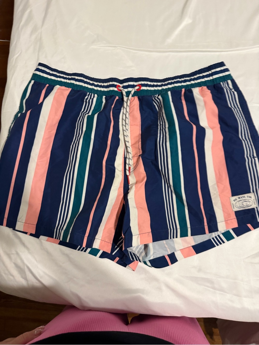 SHEIN Navy Pink Teal White Striped Men’s Swim Trunks